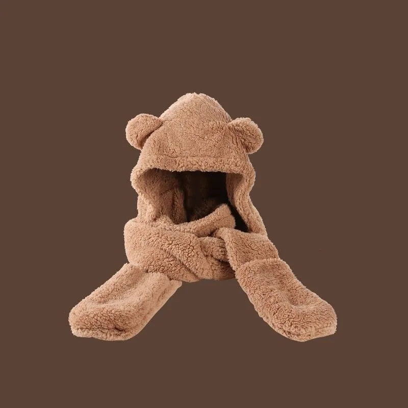 

Winter Bear Women Hat Scarf Integrated Female Autumn and Winter Versatile Cute Hooded Plush Ear Protection Warm Korean Beanies