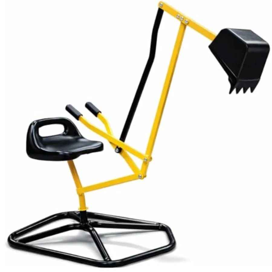 

Outdoor ride-on crane digger toy for backyard use, durable plastic construction, bright yellow and blue color, safer stabilizin