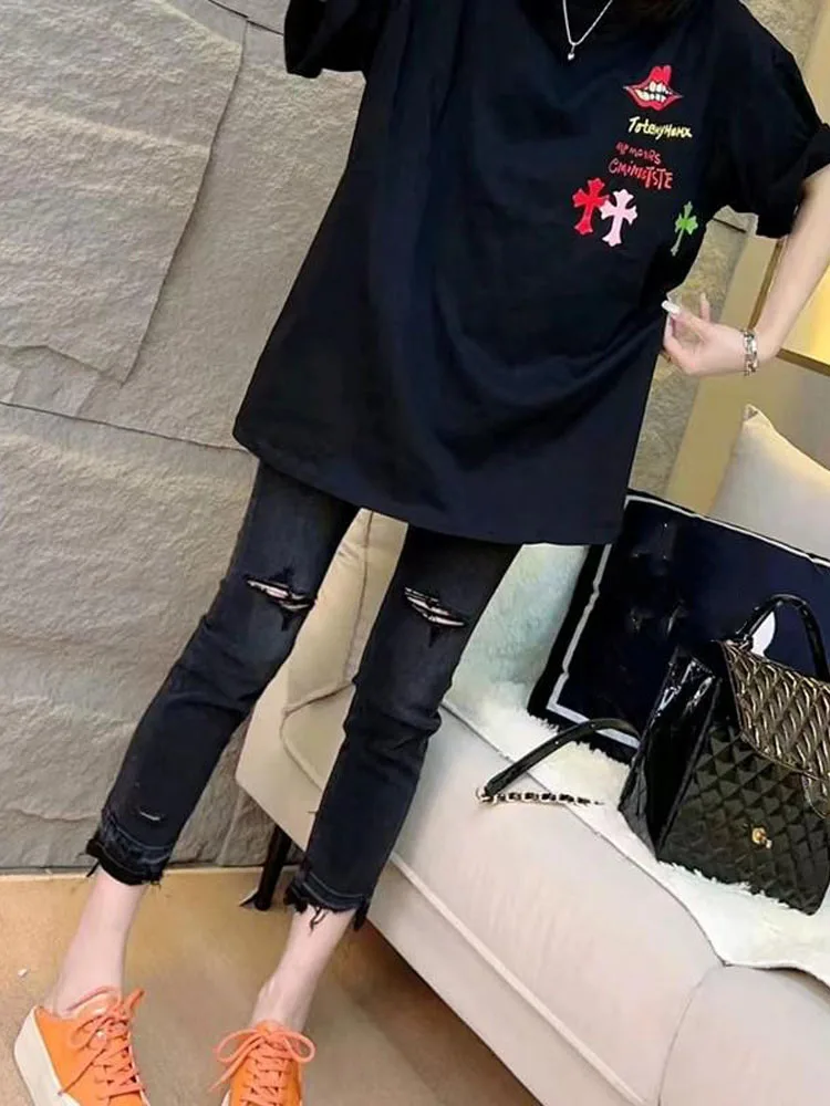 Lente Zomer 2024 Dames Plus Size Jeans met rechte pijpen Hoge taille Katoenmix Elastisch Verzwakte zoom Enkellange Afslanken