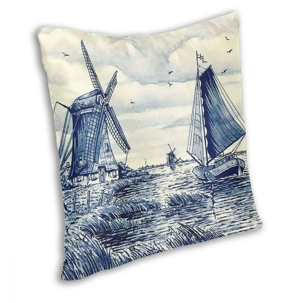 Dutch Blue Delft Vintage Sailboat Windmills Print Square Pillow Case Polyester Cushions for Sofa Creative Pillowcase