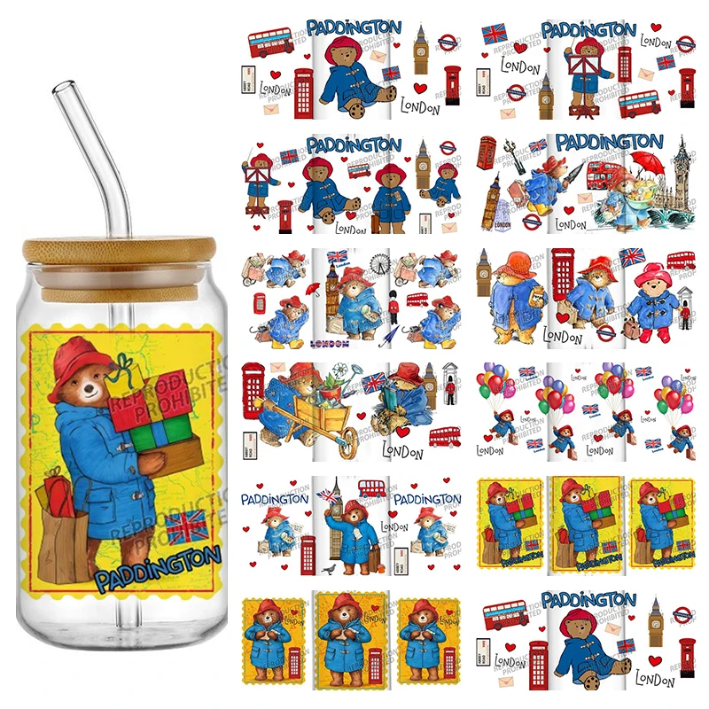 New 11 Design Cute Paddington Lovely Bear 16oz UV DTF 3D Sticker Decals Wraps Glass Can Cups Creative Craft DIY Birthday Gift