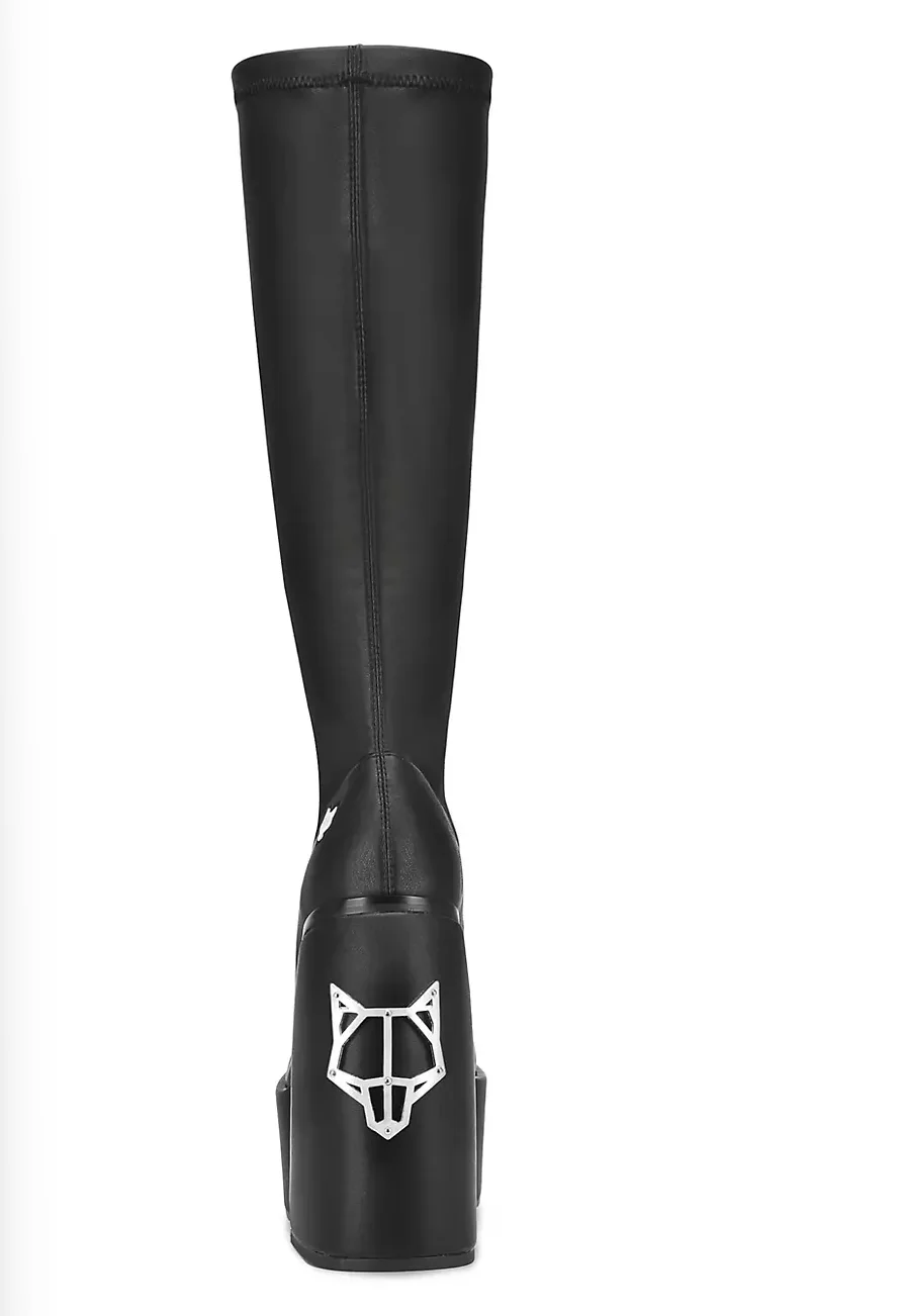 Ladies brand Spice Black Stretch Knee-High Boots Pull on design stretch platform Ladies high heels fashion designer bootie shoes