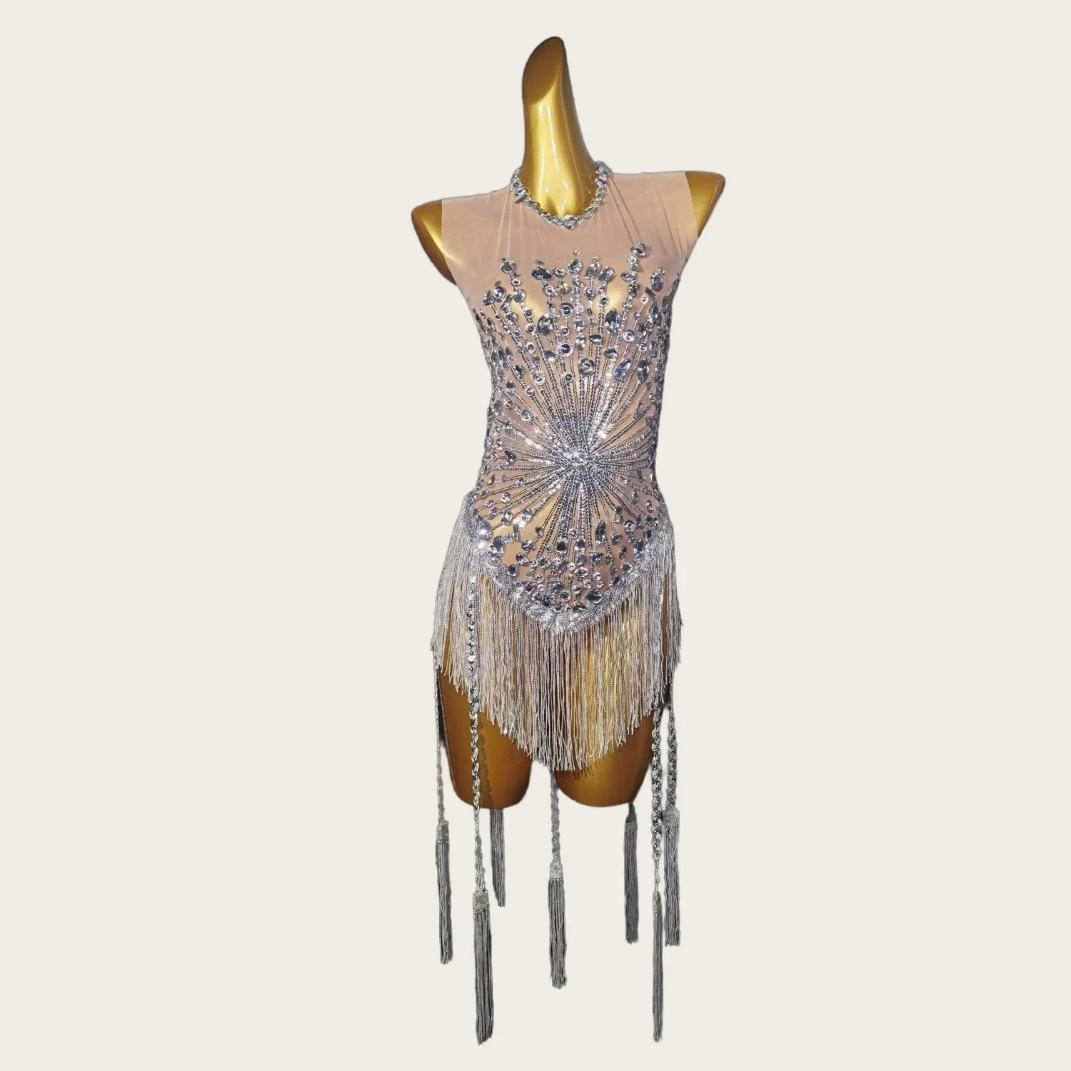 

Sexy Pole Dance Leotard Festival Wear Lady Rhinestone Stage Performance Bodysuit Sexy Sleeveless Sequin Fringes Bodycon Jumpsuit