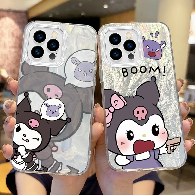 

Cute Sanrio Kuromi Cartoon Feather Yarn Phone Case for iPhone 16 15 14 13 12 11 8 7 6 Pro Max Plus XS XR Shock Proof Matte Cover