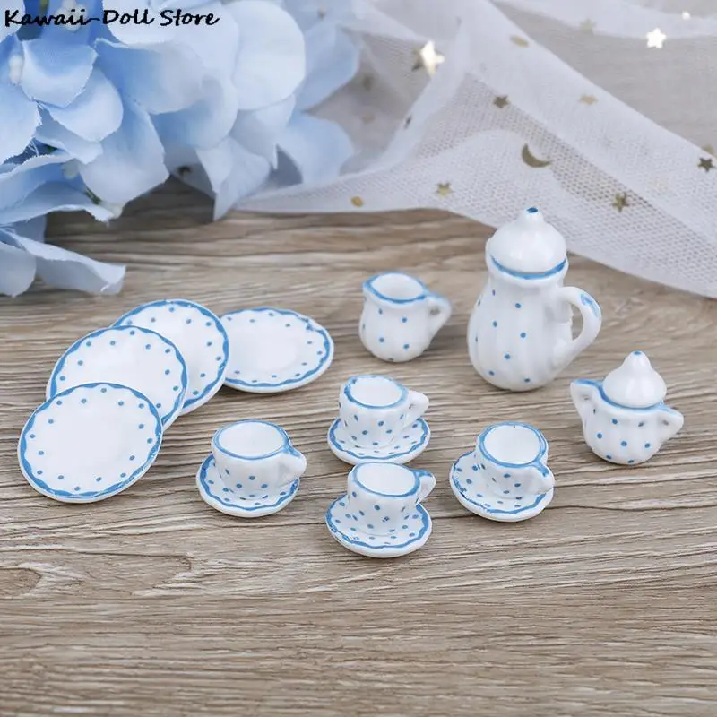 15Pcs 1/12 Dollhouse Miniature Ceramic Tea Cup Tableware Set Kitchen Flower Patten Porcelain Coffee Cup Pot Accessories Kids Toy