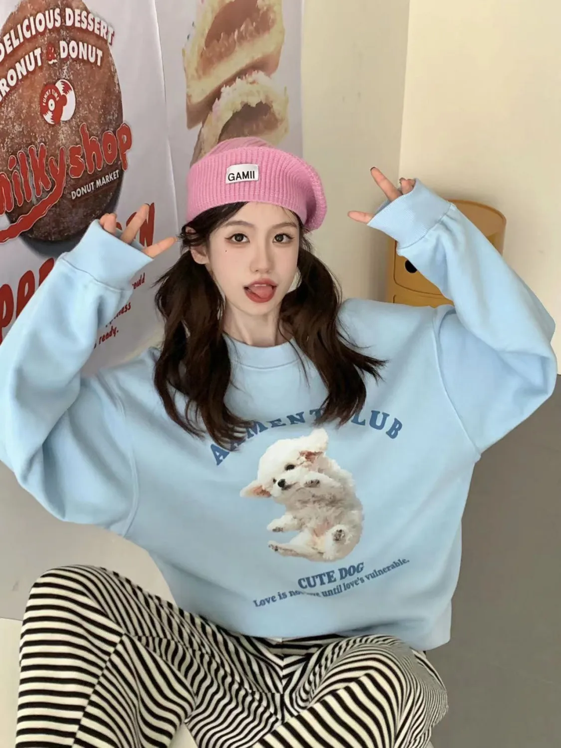 Sky Blue Pure Cotton Oversized Sweatshirt college girls Korean Cute Dog Cartoon Hoodie Casual Long Sleeve Winter Kawaii Clothes