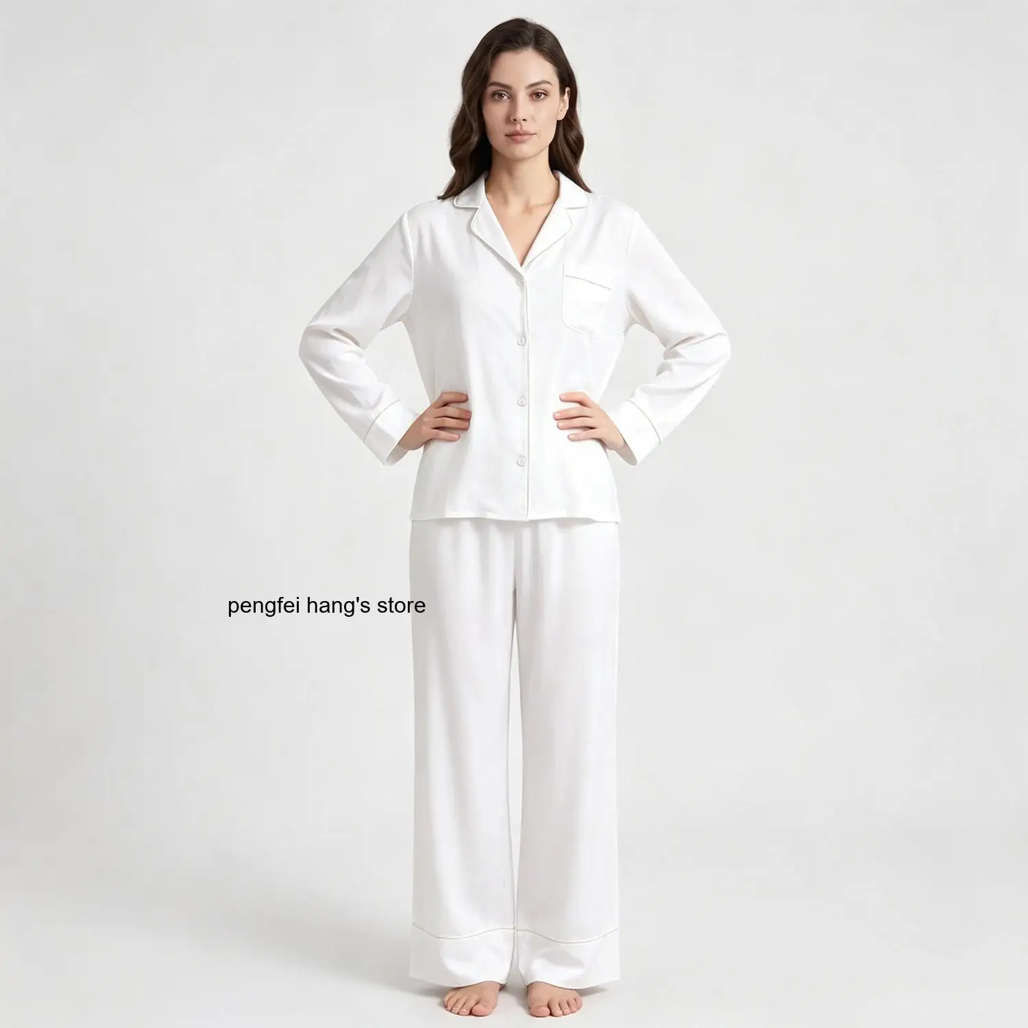 

Women Fashion Modal Sleepwear Set Spring Autumn Lapel Open Front Long Sleeve Long Pants Casual Home Loungewear