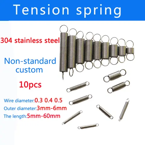 10Pcs 304 Stainless Steel Tensile Spring Dual Hook Small Tension Spring Wire Dia 0.3mm 0.4mm 0.5mm OD 3mm 4mm 5mm 6mm