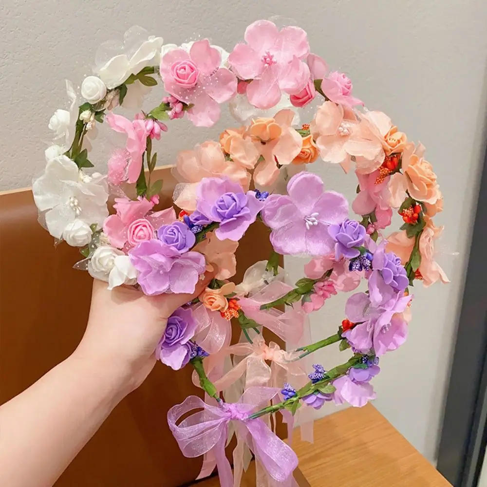 Fairy Simulation Flower Floral Garland Colorful Mesh Children Flower Headband Headwear Hair Ornaments Bridal Crown Women