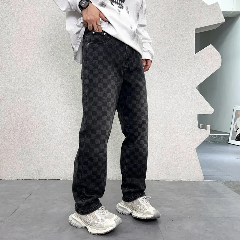 

Plaid & printed jeans for men 2024 Autumn New Fashion Street straight loose casual wide-leg mop Y2K denim long pants