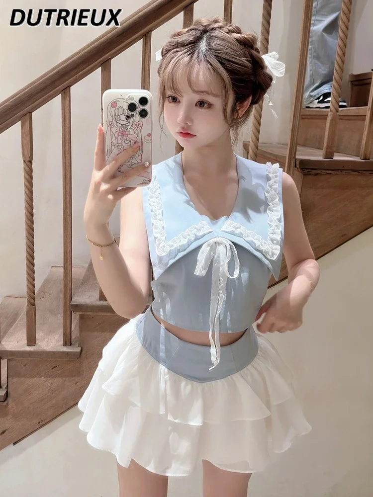 

Contrasting Color Fluffy Cake Skirt Summer Sweet Two Piece Set Lolita Girl Navy Backless Pure Desire Wind Lace-up Bow Top