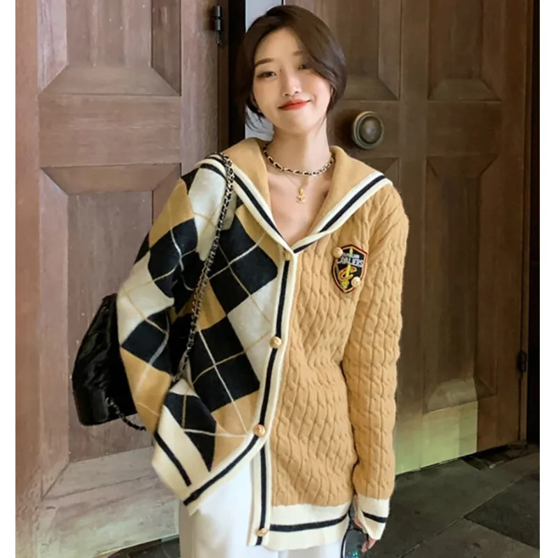 Spring Autumn Knitted Cardigan Women Navy Collar Single Breasted Patchwork Loose Sweater Korean Casual Female Warm Knitwear Coat