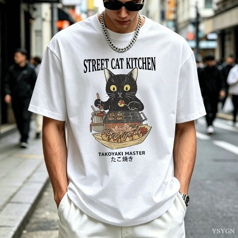 Street Cat Kitchen T-shirt Men Women Funny Japanese Style Cat Printed Tshirt Y2k Clothes Man Summer Short Sleeve Tees Tops