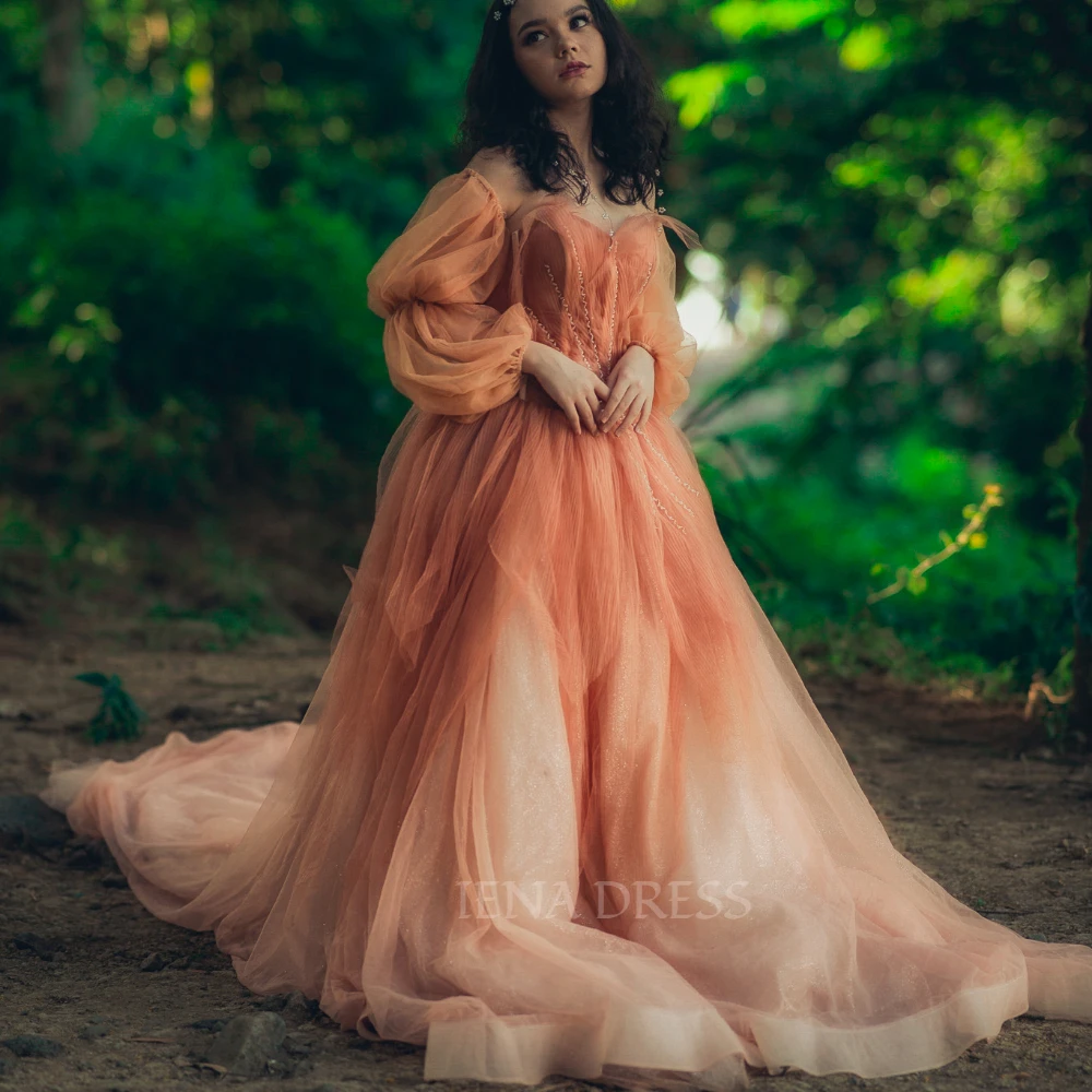 Elegante arancione rosso tramonto maglia fata a-line abito da sera con perle Sweetheart Tulle Maxi Boho fotografia abito per donna