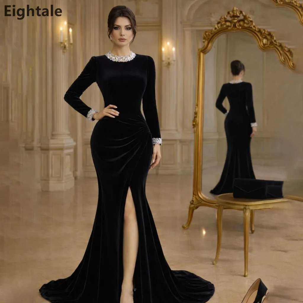 

2025 Customized Black Mermaid Velvet Long Sleeve Pearls Evening Dress For Women Sexy Slit Dubai Arabic Formal Prom Party Gown