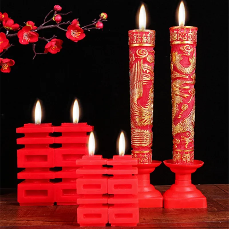 2pcs/lot Wedding Candle Chinese Style Relief Dragon and Phoenix Red Double Happiness Candle Romantic Wedding Decoration