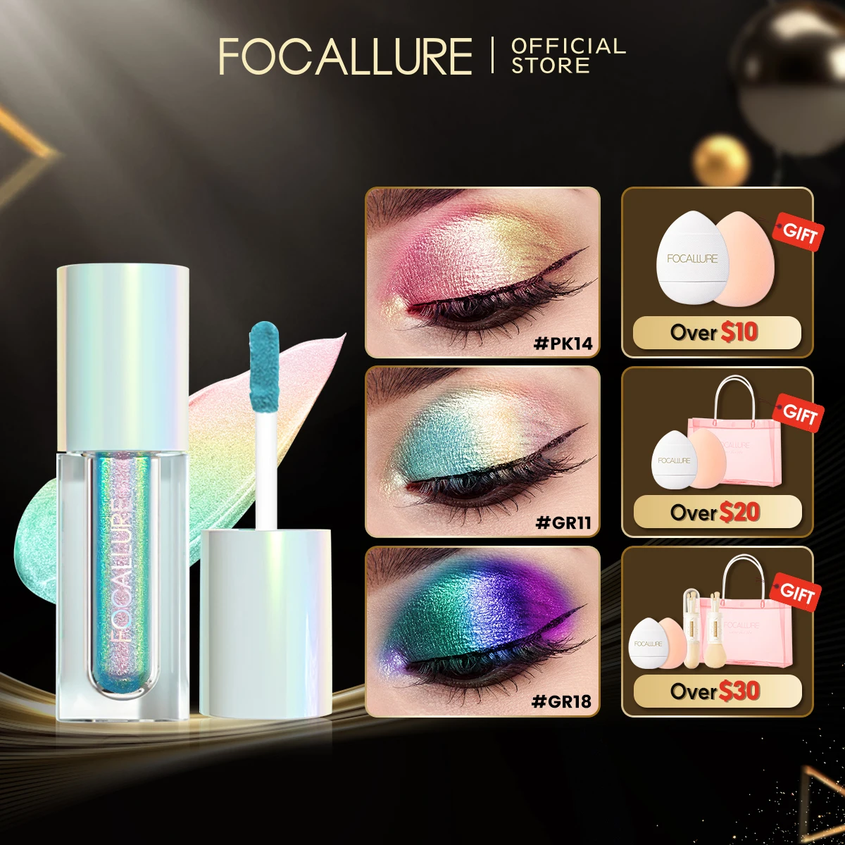 FOCALLURE Diamond Liquid Eyeshadow Waterproof Long Lasting Chameleon Pearlescent Liquid Eye Shadow Powder Eyes Makeup Cosmetics