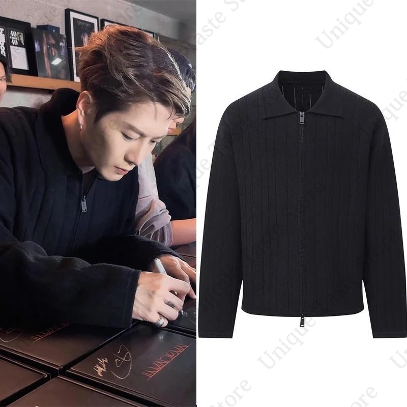 Jackson Wang Same Zipper Turn-down Collar Sweater TEAM WANG Knitwear Coat Fans Clothes High Quality Version Autumn Jackets