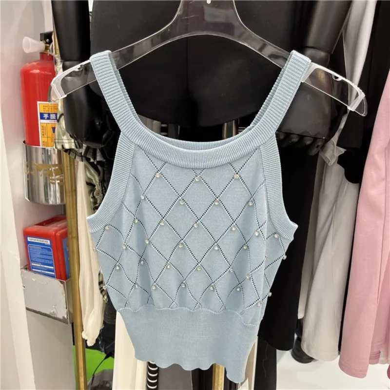 2024 New Summer Women\'s Clothing Crop Top Rhinestone Eyelet Spaghetti Top Casual Crew Neck Sleeveless Knitted Cami Top