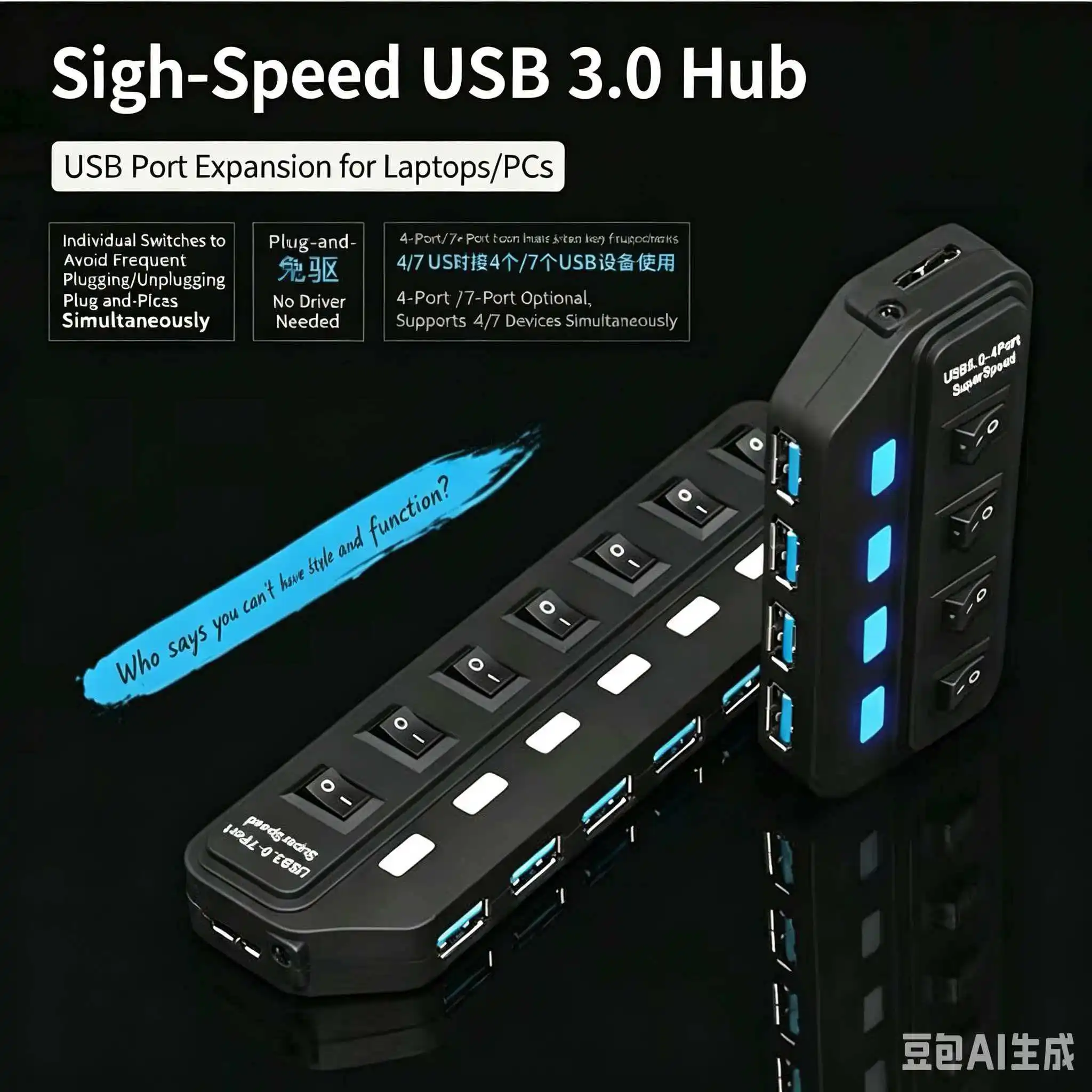 7 Ports USB3.0 Hub Independent Power Switch LED Light 5Gbps High‑Speed USB Splitter Adapter For Notebook Computer