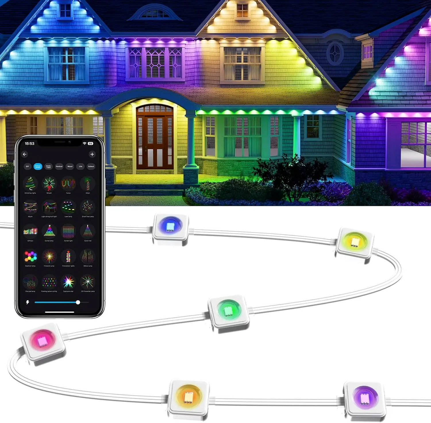 

Smart Outdoor RGB LED Eave Light, App/Remote Control, IP67 Waterproof, Music Sync for Christmas & Holiday Decor
