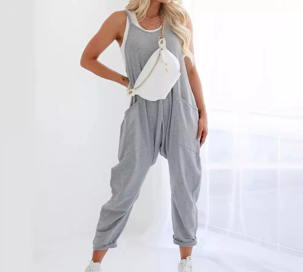 Fashion Jumpsuit Women Summer 2024 New Versatile Light Gray Casual Solid Sleeveless Conjoined Body Pant for Female Streetwear