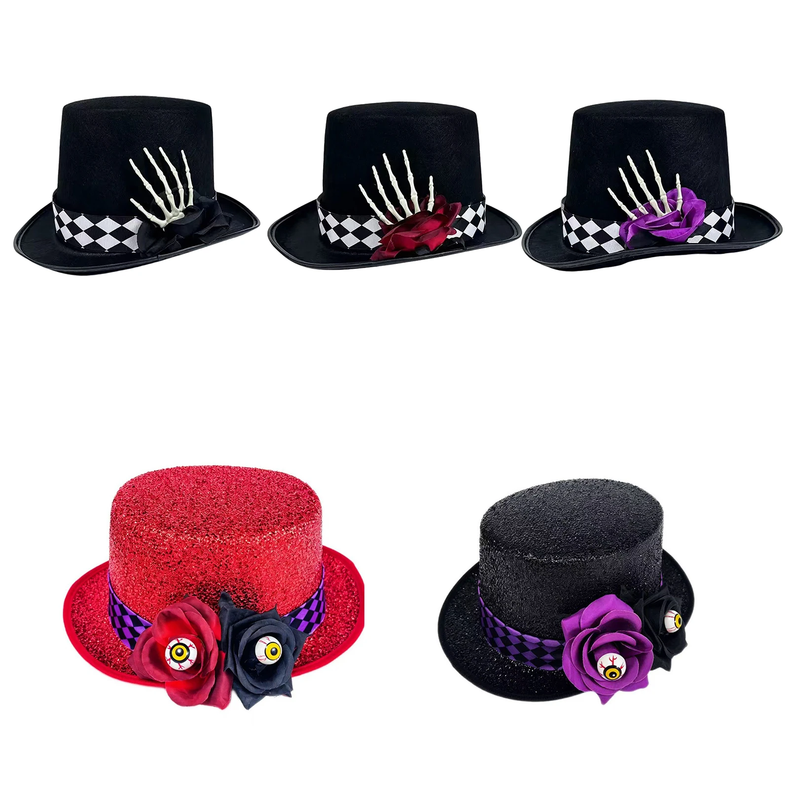 Gothic Tall Top Hat 3D Flower Decor Checkerboard Ribbon Spooky Clown Hat Costume Accessory for Adults Halloween Masquerade 2