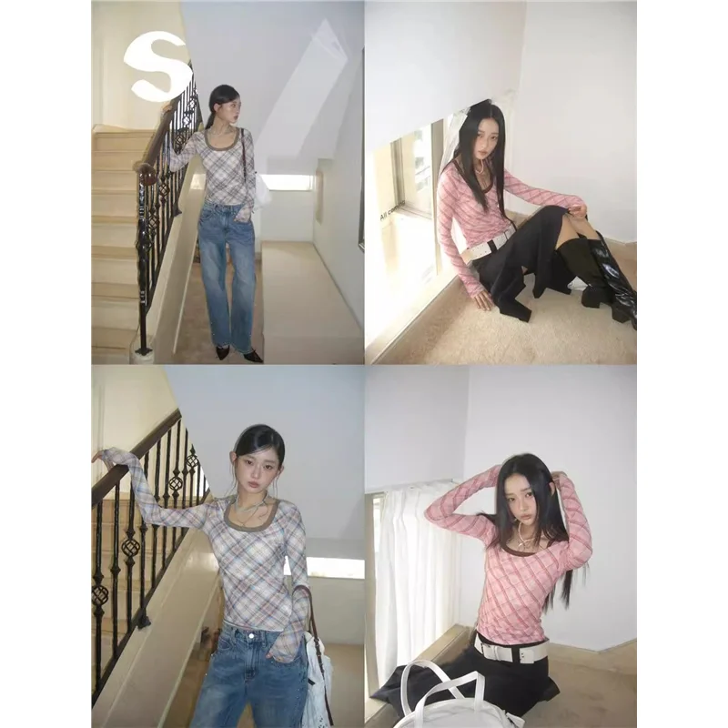 Slim Fit Long Sleeve Plaid T-Shirt Women's Design Base Layer Shirt Korean Style round Neck Straight Sleeve Casual Top