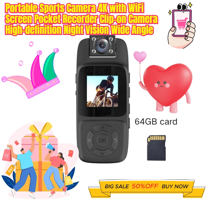 

Portable Sports Camera 4K with WiFi Screen Pocket Recorder Clip-on Camera High-definition Night Vision Wide Angle