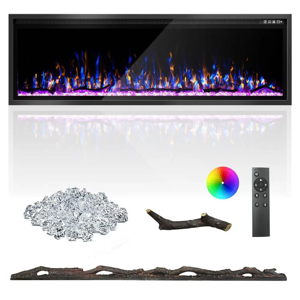 

60 Inch Electric Fireplace Aluminum FrameUltra Silm Fireplace Recessed Wall Mount, Log, Driftwood amp Crystal Option, Wall Fire