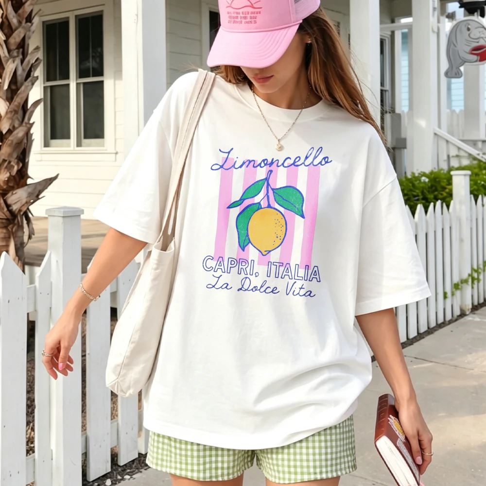 Crew Neck Short Sleeve T-Shirt White Lemon Striped Background Cursive Text Limoncello Capri Italia La Dolce Vita Boho Casual Top
