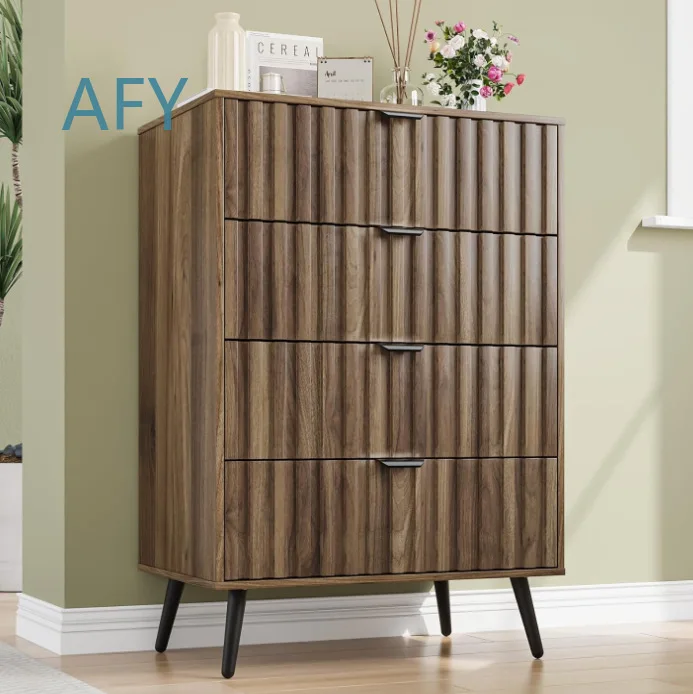 4 Drawer Bedroom Dresser with Grooved Finish Pull Handle Doors Wooden Legs for Bedroom Nightstand Makeup Vanity Storage for