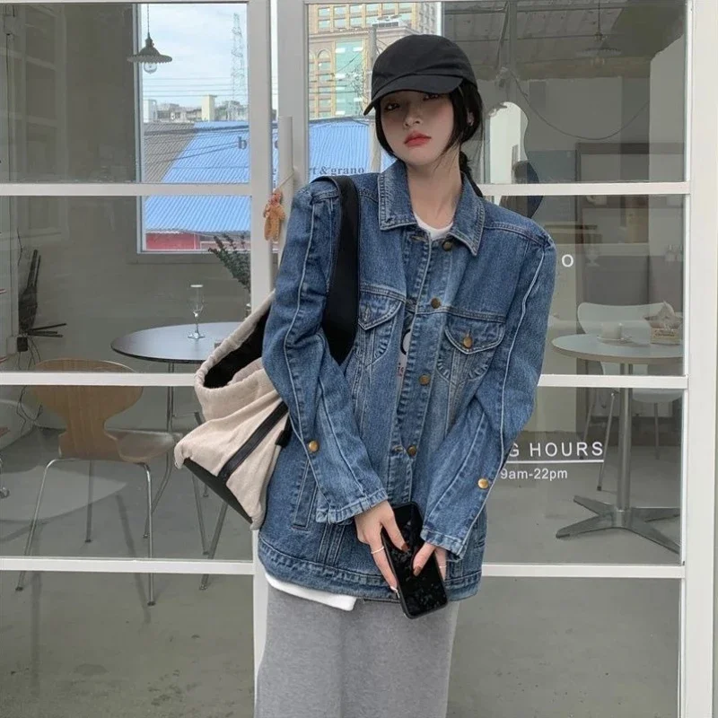 2025 nuove donne vintage unico street style spalla dritta metà lunga giacca di jeans scuro coreano allentato primavera autunno capispalla