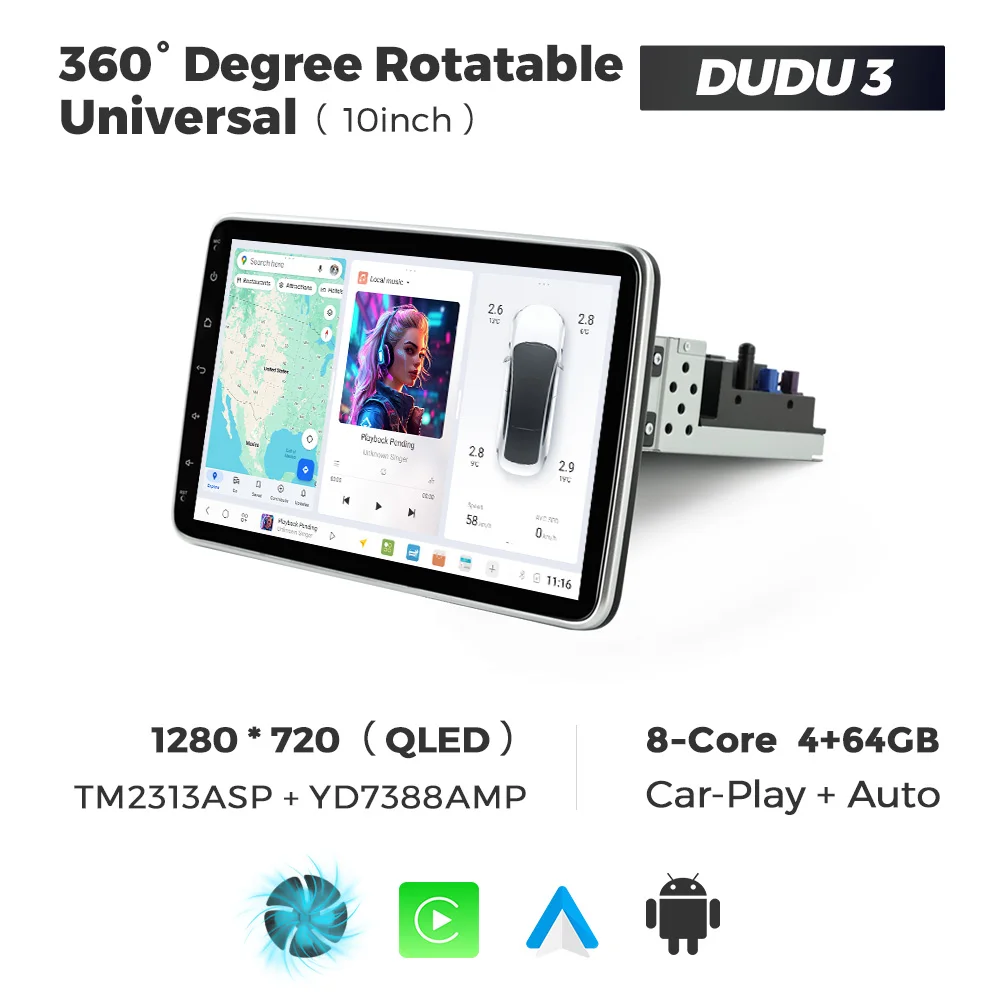 DUDUAUTO DUDU7 UIS7870 Universele 10 "autoradio 1din Android 13 Carplay Android Auto Draaibaar scherm 4G BT FM-radio-ontvanger DSP