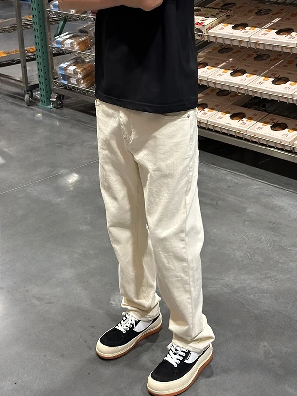 White Straight Leg Loose Fit Jeans Men's Fashion Simple Style Slimming Long Pants American Vibe Casual Straight Jeans