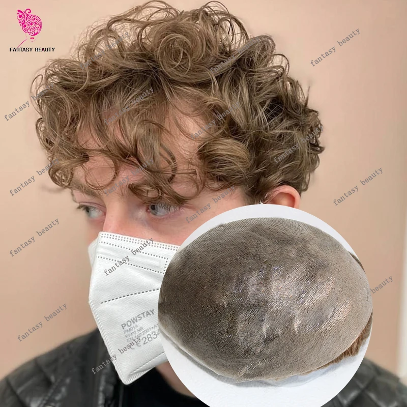 

28 мм натуральные вьющиеся Vloop европейские человеческие волосы невидимые ультратонкие 0,02 мм мужской парик 80% плотный серый черный коричневый блондин 340 # Протези