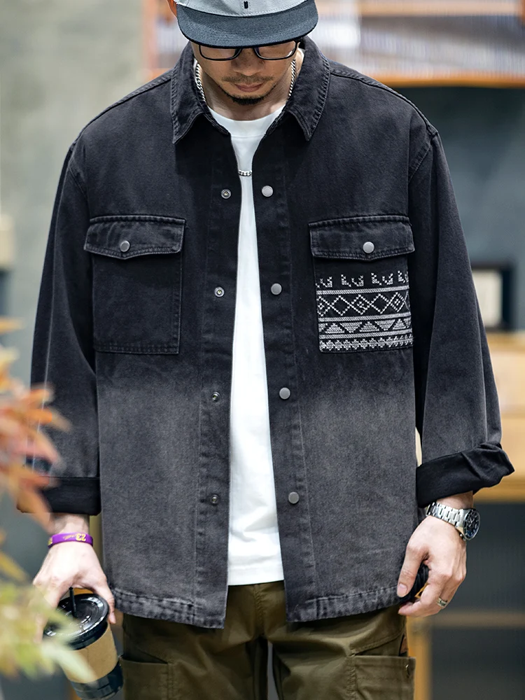 

Gradient Color Men's Denim Shirt Loose Casual Long Sleeve Jeans Jacket American Style Spring Fashion Brand Large Size Shirt