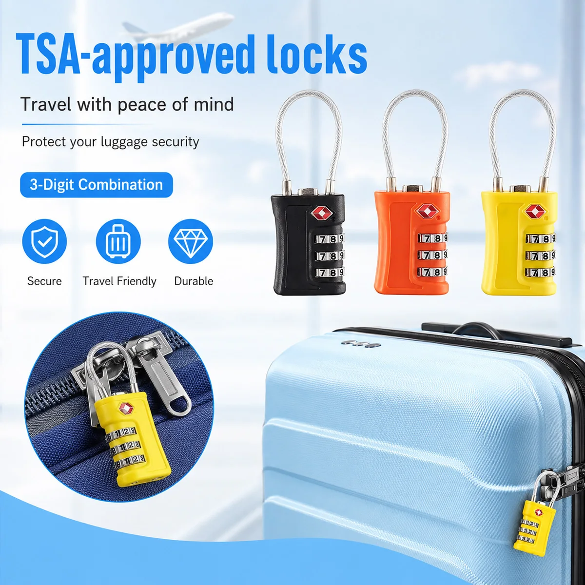 TSA Approved Luggage Lock 3 Digit Combination Cable Padlock for Suitcase Travel Bag Backpack Gym Locker Home Security Portable