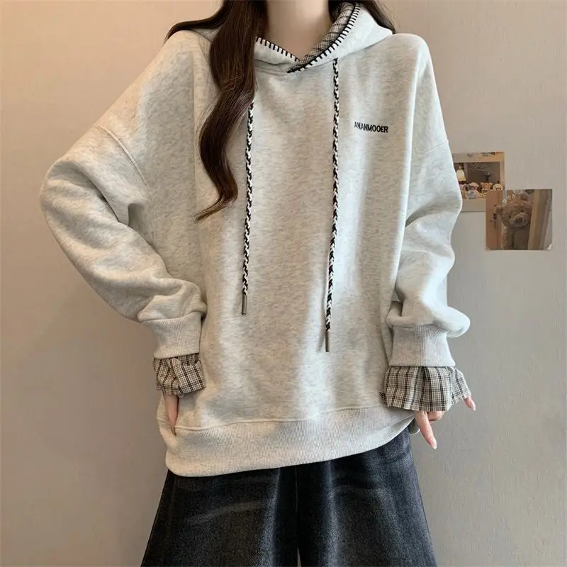 Women Vintage Plaid Hoodie 2026 Spring Autumn Letter Print Sweatshirt Casual Loose Hooded Tops New