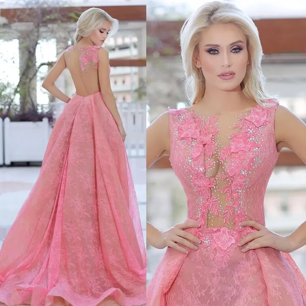 

Evening Dresses Plus Size Prom Party Gown A Line Sleeveless Applique Beaded New Custom O-Neck Lace Illusion Zipper Evening Dress