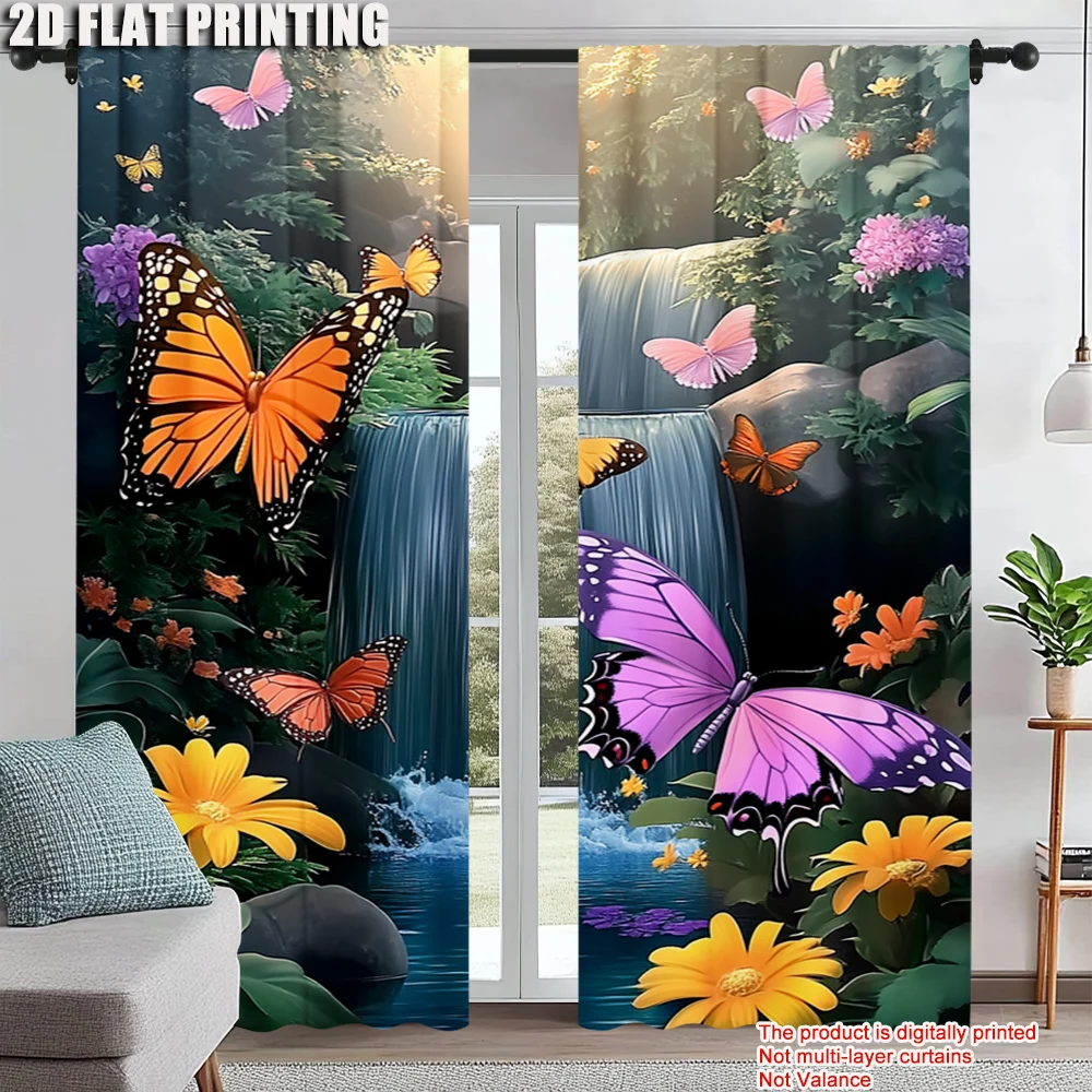 

2Pcs Colorful Butterfly Floral Waterfall Print Curtains Rod Hole Design For Easy Hanging Polyester Drapes For Bedroom And Living
