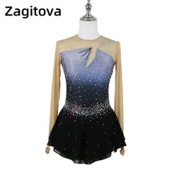 ZAGITOVA Figure Skating Dress Women Girls Long Sleeve Ice Skating Skirt Grey Gradient Shiny Rhinestone Mesh Skirt