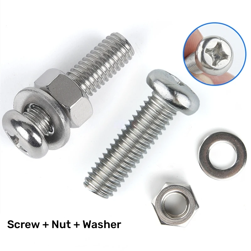 1~50pcs M2 M2.5 M3 M4 M5 M6 M8 M10 304 Stainless Steel Round Head Phillips Screw Cross Bolt Nut Washer Three-Piece Combination