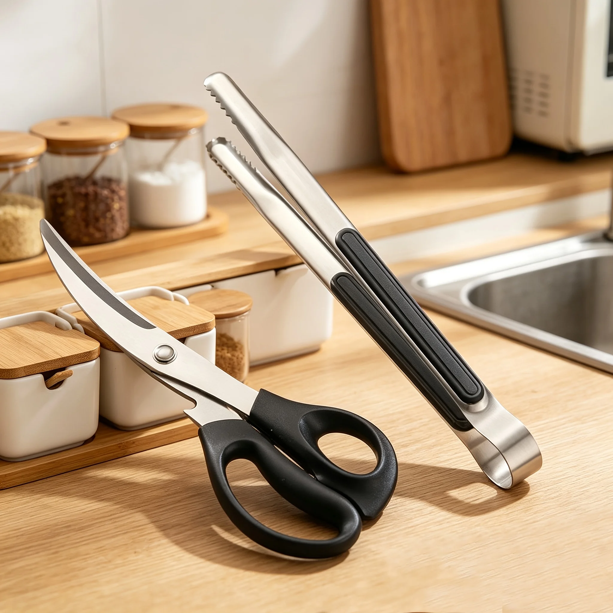 2PCS Stainless Steel BBQ Scissors Tongs Set Food Grade Heavy Duty Grill Tools For Camping Barbecue Kitchen Meat Cutting