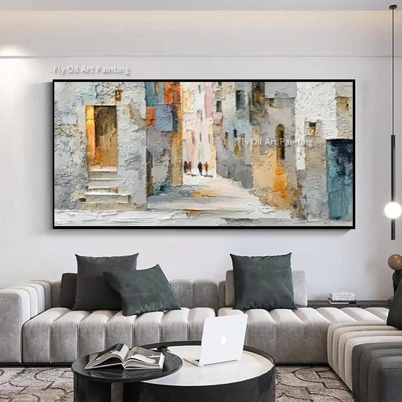 Large Special Grey Blue Beige Canvas Thick Cityscape Artwork Hand Painted Abstract Black Golden And White Butterfly Oil Painting