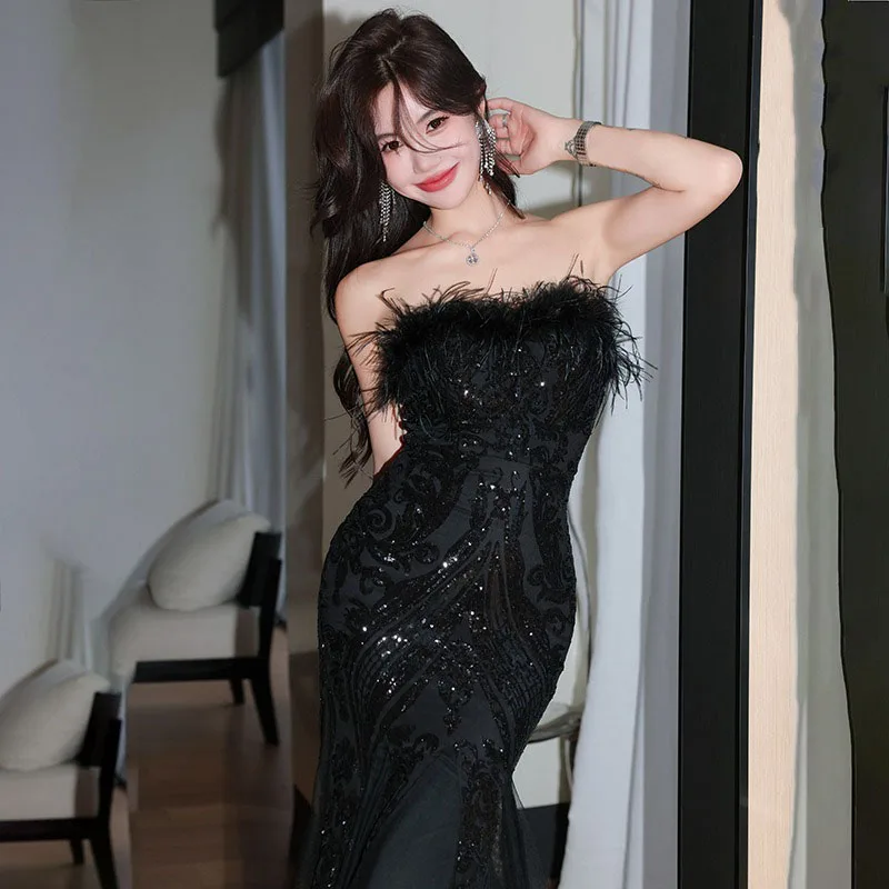

DongCMY Luxurious Temperament Evening Dress Magic Mermaid Feather Chest Figure Fishtail Dress Prom Party Dress