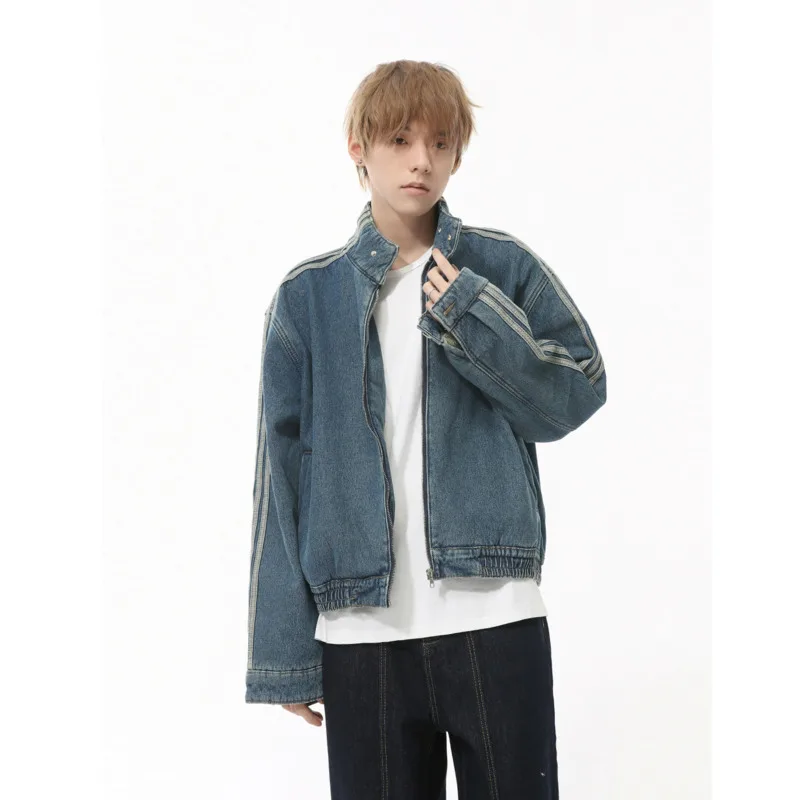 [OIMG] สินค้าใหม่ฤดูใบไม้ร่วงปี 2025 American Stand up Collar Side Stripes with Velvet Zipper Denim Jacket