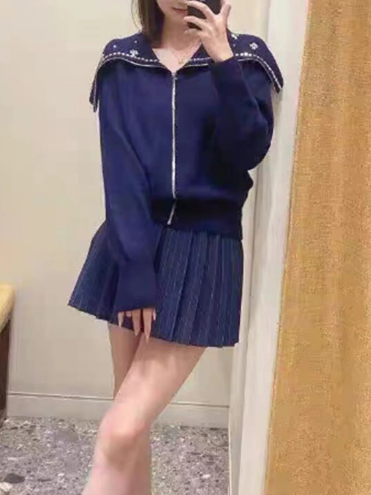 

Quali Early Autumn College Sle Sweater Women's Zipper Navy Collar Diamond Decorated Knitted Top Sweet Sle Long Sve