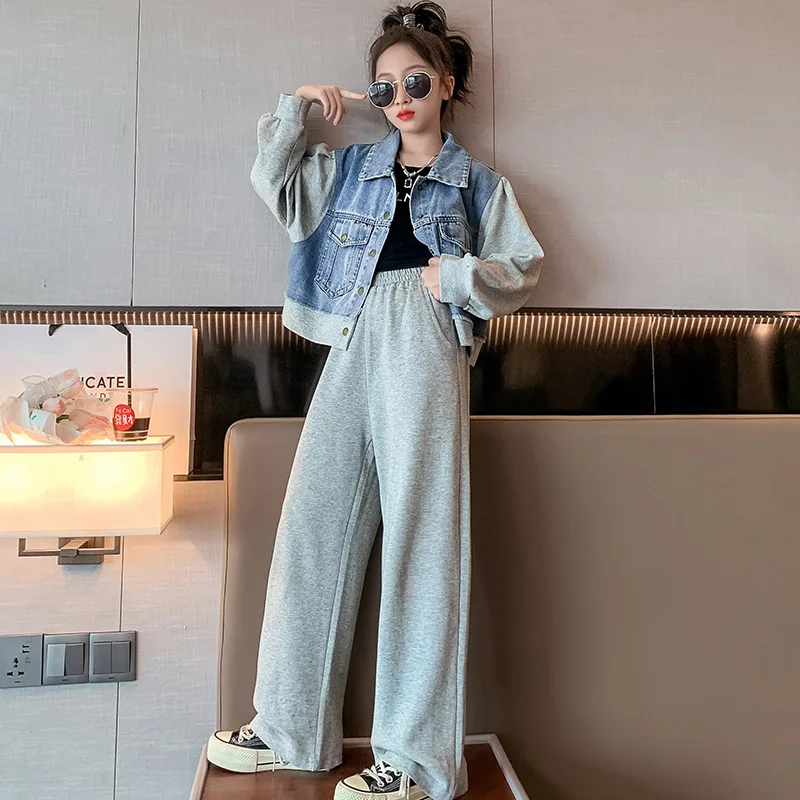 

2024 Korean Spring Autumn Children Girl 2pcs Suit Elementary Girl Denim Patchwork Cotton Coat+Sport Pants Girl Kids Tracksuit