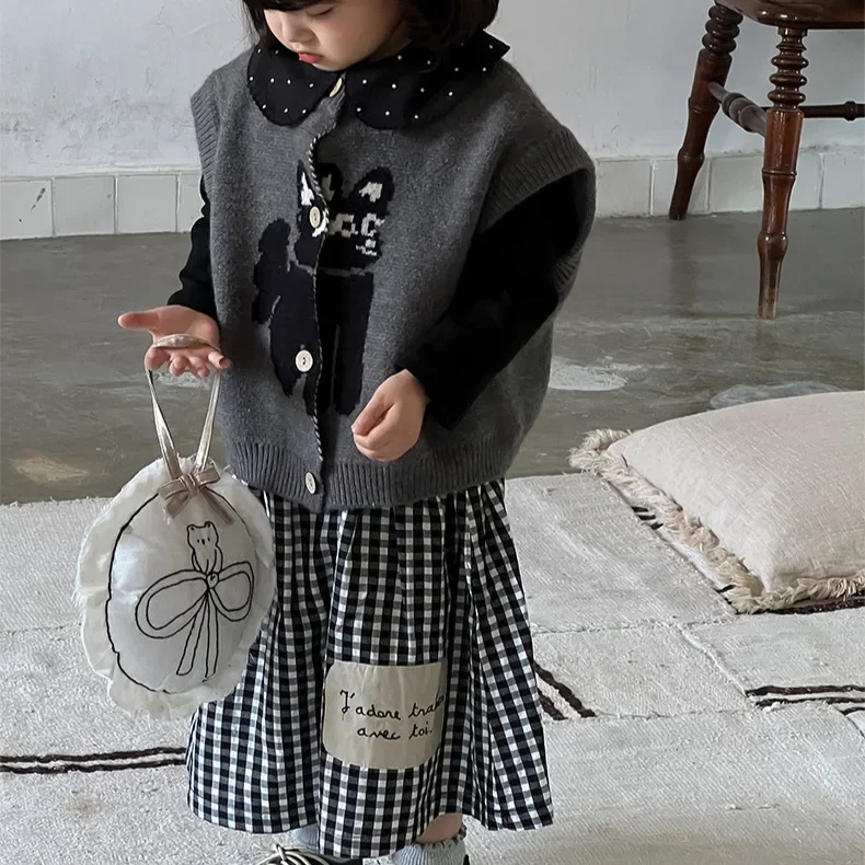 HoneyCherry Girls Patch Plaid Half-body Skirt Autumn New Girls Retro Literary High Waist Elastic Skirt Girls Skirts